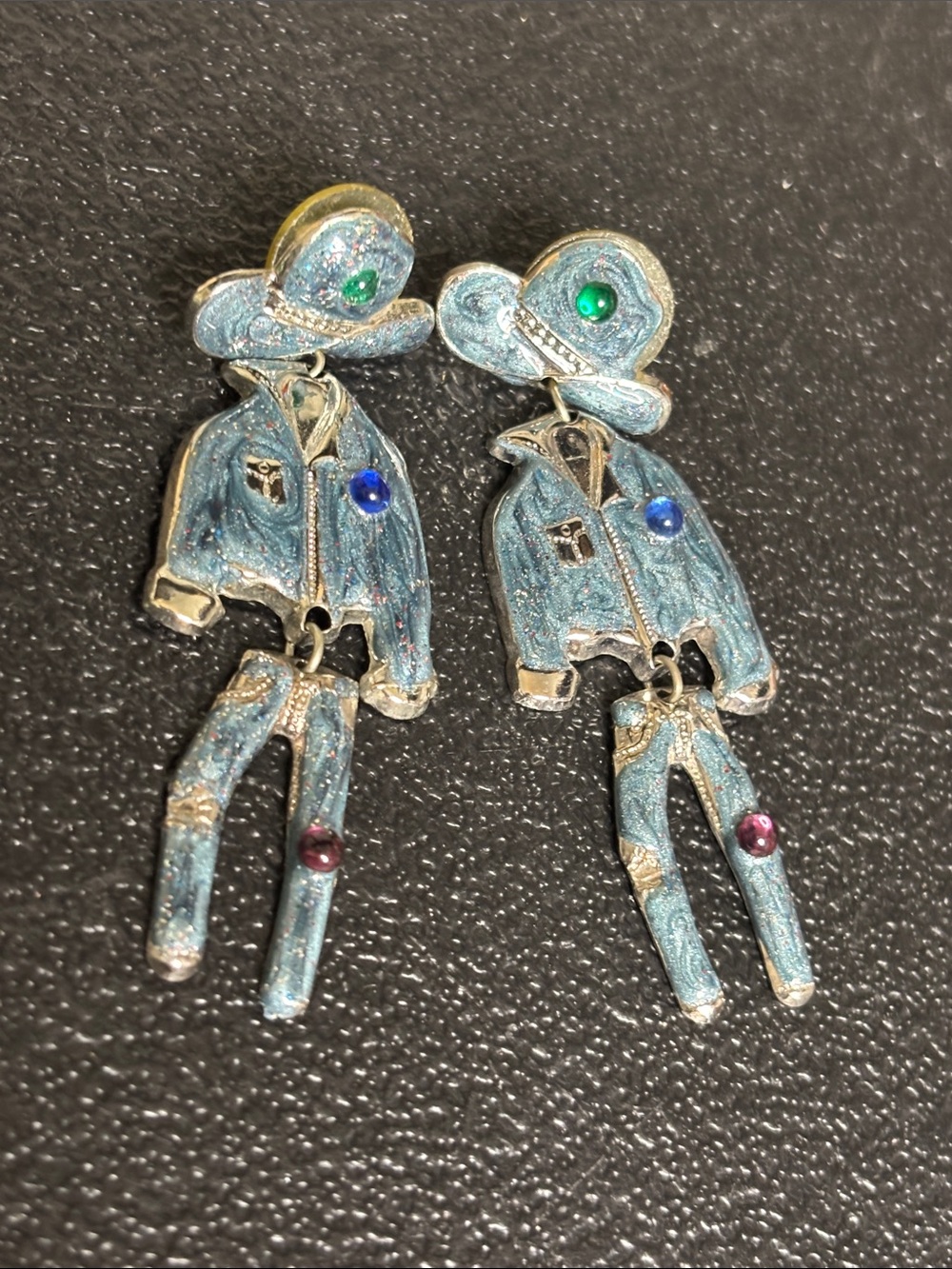 Vintage Hand-Painted Blue Cowboy Dangle Earrings Western Women's Jewelry
